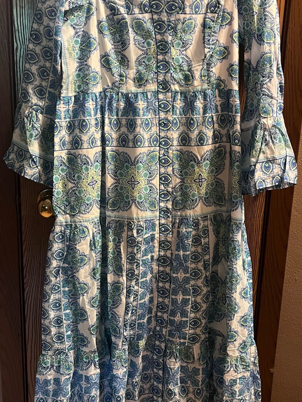 Hale Bob Blue and Green peacock Print Maxi Dress S New